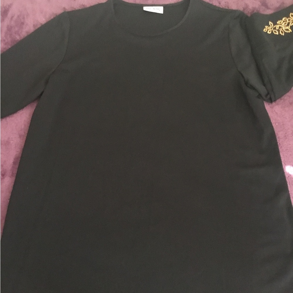 Blair Solid Black 3/4 Sleeve Black Top With Sleeve Décor. 1X
